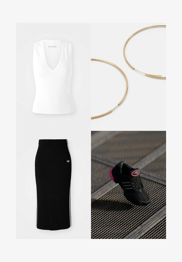 Hvid ærmeløs top med V-hals, lavet af ribbet stof. Har et tætsiddende design og mærket "WE THE FREE" på indsiden.; Sort ribbet midi-nederdel med en tætsiddende design, der har hvide sidelister og et lille hvidt emblem på venstre side.; Sort sportssko med mesh-overdel, lyserøde accenter og sorte stribede detaljer. Har en tekstureret ydersål og et logo på hælen.; Guldfarvede hoops øreringe, tynde og runde i formen, med en glat metallisk finish uden udsmykninger eller mønstre.