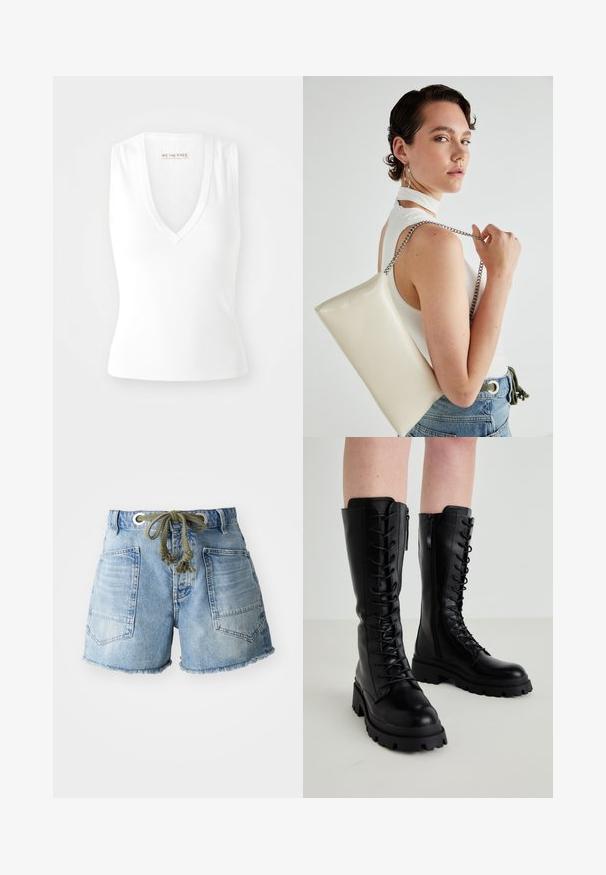 Balts bez piedurknēm tops ar V veida kakla izgriezumu, izgatavots no ribota auduma. Iezīmēts ar pieguļošu dizainu un zīmolu "WE THE FREE" iekšpusē.; Gaiši zili džinsu šorti ar saplēstu malu. Iekļauj divas aizmugurējās kabatas un auklu ar sudraba caurumiem, lai pielāgotu izmēru.; Melna ādas ceļa augstuma zābaki ar auklām priekšpusē, sānu rāvējslēdzēju, masīvu gumijas zoli un teksturētu apdari augšējā daļā.; Balts taisnstūra clutch soma, izgatavota no spīdīga materiāla, ar sudraba ķēdes siksnu. Modelis pozē, demonstrējot somu uz vienkārša fona.