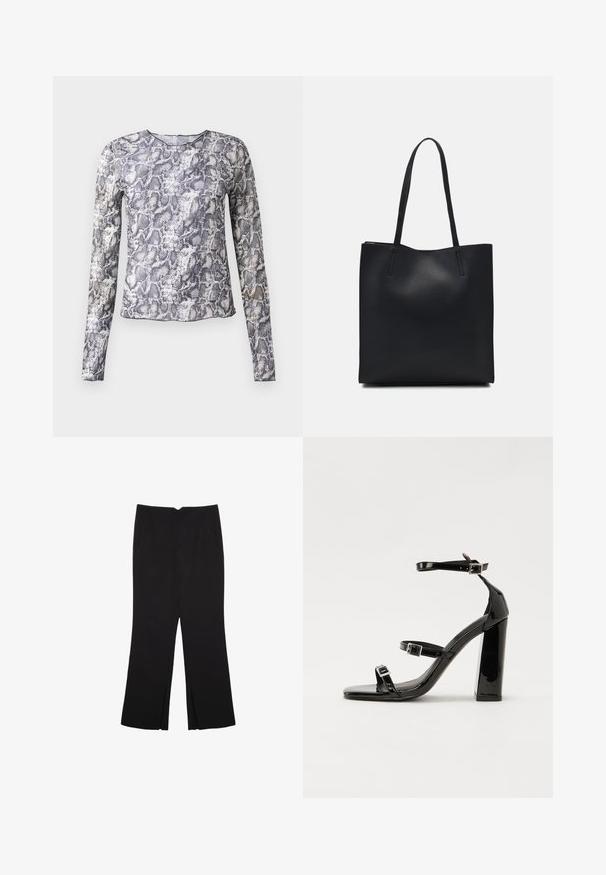 Langärmliges Oberteil im Schlangenmuster, mit Grautönen und Weiß. Hergestellt aus einem glatten, leichten Stoff mit Rundhalsausschnitt.; Schwarze Hose mit geradem Schnitt, ausgestattet mit Fronttaschen und Seitenschlitzen am Saum. Hergestellt aus weichem, glattem Stoff. Geeignet für verschiedene Anlässe.; Schwarze patentierte Sandalen mit Absatz, quadratischer Spitze, Knöchelriemen und silbernen Schnallen. Mit einem stabilen Blockabsatz für mehr Stabilität.; Schwarze Laptoptasche aus Leder mit glatter Textur, rechteckiger Form und zwei langen Griffen. Keine sichtbaren Beschläge oder Verzierungen.