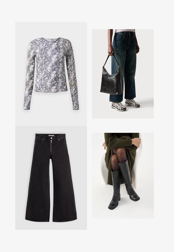 Langarmtop in een slangenprintpatroon, met tinten grijs en wit. Gemaakt van een gladde, lichtgewicht stof met een ronde halslijn.; Wijdvallende jeans van zwarte denim met een ritssluiting aan de voorkant, vijf zakken en subtiele stikdetails. Soepele textuur en casual stijl.; Knieschijf hoge zwarte leren laarzen met een vierkante neus en blokhak, getoond met een model dat zit in een olijfgroene jas. Gladde textuur, minimale details.; Zwarte leren schoudertas met een gladde textuur en een verstelbare strap, gecombineerd met vervaagde wijde jeans en sportieve sneakers.