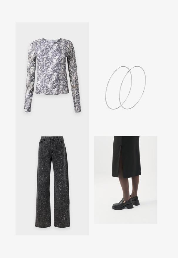 Langærmet top i slangeprint med nuancer af grå og hvid. Lavet af et glat, let materiale med rund halsudskæring.; Noisy May NMJANNEL LOOSE - Jeans Relaxed Fit - black denim; Sorte lædersko med rund tå, kraftig blokhæl og elastiske sideaccentuer, parret med mørke strømpebukser og en sort nederdel med slids.; Sølvøreringe med et minimalistisk design. Cirkulær form, glat tekstur og tynd profil. Letvægtige med en poleret overflade.