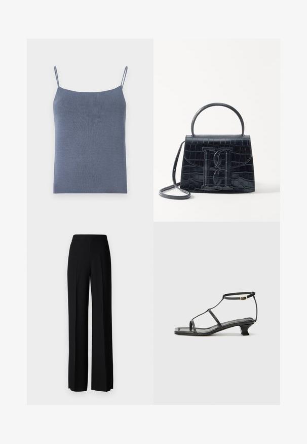 Blue knitted camisole top with thin spaghetti straps and a fitted silhouette. The texture is ribbed, featuring a smooth finish.; Black wide-leg trousers with a smooth texture, featuring a high waistband and center pleats. No visible patterns or hardware details.; Black leather sandal with a square toe, thin straps, adjustable ankle strap, and a low heel. Features a small gold accent on the strap.; Black crocodile-embossed leather handbag with a structured design, top handle, adjustable strap, and a prominent front logo detail.