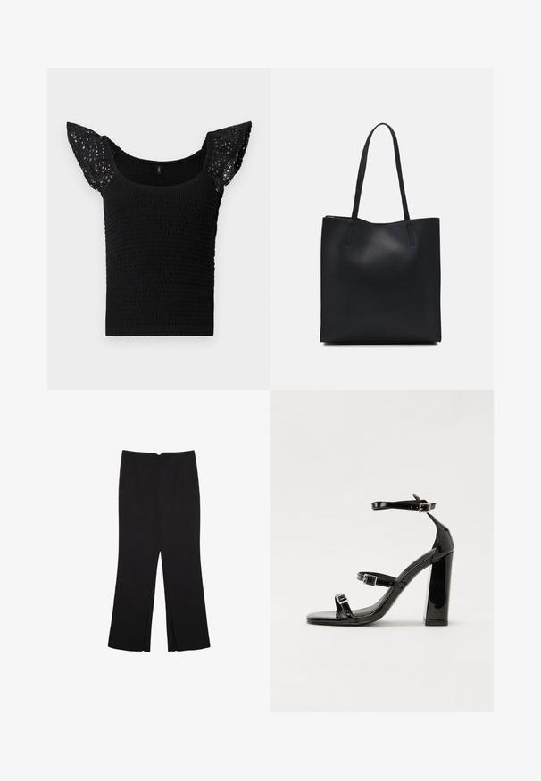 Crni top s smockiranim dijelom i čipkastim lepršavim rukavima. Tkanina je teksturirana s nabranim uzorkom, što dodaje vizualnu zanimljivost.; Crne hlače ravnog kroja, s prednjim džepovima i bočnim prorezima na rubu. Izrađene od mekog i glatkog materijala. Pogodne za razne prigode.; Crne lakirane sandale na pete sa kvadratnim nosom, trakama oko gležnja i srebrnim kopčama. Imaju čvrst blok petu za stabilnost.; Crna kožna torba za nošenje s glatkom teksturom, pravokutnim oblikom i dvije duge ručke. Nema vidljivih metalnih dijelova ili ukrasa.