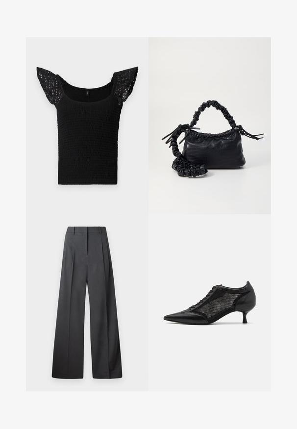 Musthave mustriga, mis on kaunistatud smockitud korpuse ja pitsist lühikeste varrukatega. Kude on tekstureeritud kogutud mustriga, mis lisab visuaalset huvi.; Tumesed püksid tumesinises kangas, kõrge vöökoht, üks voldik ning sile struktuur puhaste ääristega.; Mustad mustakottidega jalanõud, millel on võrkpaneeli disain, madala kanna ja nööpidega esiküljel. Valmistatud nahast ja võrkkangast.; Must must sünteetilisest nahast käekott, millel on krokodillimuster, kokku tõmmatav ülaosa ja kortsus rihm. Tundub pehme ja kompaktne disain.