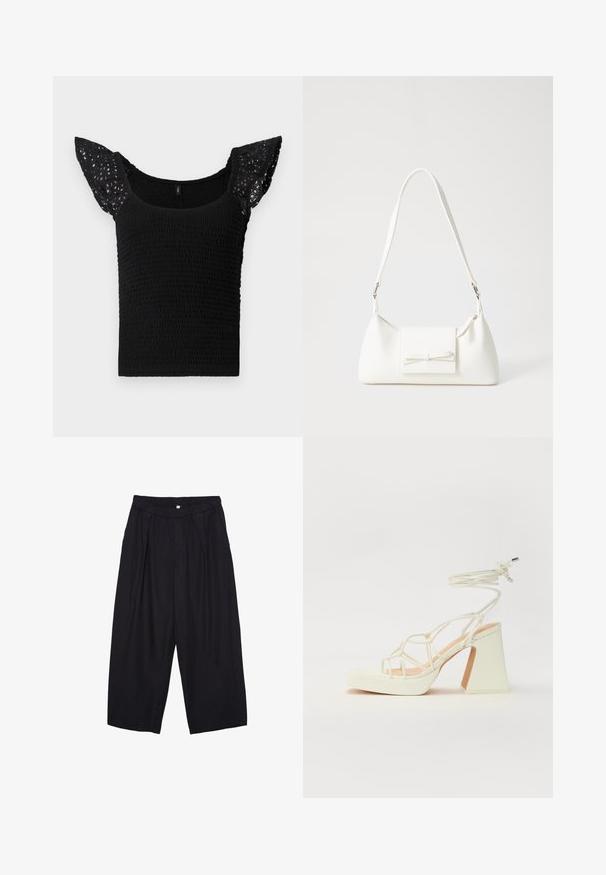 Czarna bluzka z marszczoną częścią i koronkowymi, falbankowymi rękawami. Materiał ma fakturę z zebranym wzorem, co dodaje atrakcyjności wizualnej.; Czarne spodnie culotte z poliestru z elastycznym pasem, dwoma fałdami z przodu i luźnym krojem. Brak widocznych wzorów lub elementów metalowych.; Biała sandał na wysokim obcasie z masywnym słupkiem, z paskowym wzorem i wiązaniem przy kostce. Gładka faktura z platformą z przodu dla dodatkowej wysokości.; Biała syntetyczna torba o trójkątnym kształcie, płaskim przednim klapce i detalach w postaci kokardy, regulowanym pasku, gładkiej fakturze oraz minimalistycznym designie.