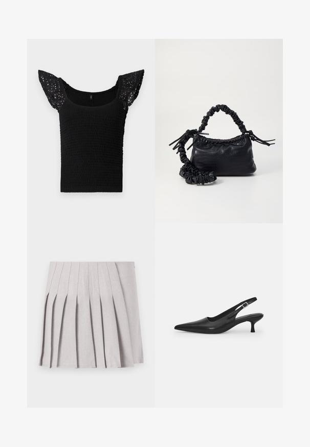 Zwarte top met een smock-lichaam en kanten vlindermouwen. De stof is gestructureerd met een gerimpeld patroon, wat visuele interesse toevoegt.; Grijze geplooide rok met een soepele textuur, voorzien van meerdere verticale plooien en een aansluitende taille. Gemaakt van lichte stof.; Zwarte leren slingback schoen met een puntige neus en een slanke, gebogen hak. Voorzien van een discrete verstelbare band met een metalen gesp.; Zwarte nepleer handtas met een krokodillenstructuur, opgedroogde bovenkant en een gekreukte hengsel. Het lijkt zacht en compact van ontwerp.