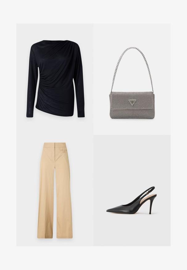 Juodas ilgomis rankovėmis viršus, pagamintas iš lengvos medžiagos, su drapiruotu dizainu ir susiraukšlėmis kairėje pusėje.; Smėliniai plačiakelniai kelnių pagaminti iš medvilnės ir sintetinės medžiagos mišinio. Turi lygų tekstūrą, elastingą juosmenį ir šoninį mygtuko akcentą.; Juoda odinė slingback aukštakulnė batai su smailiu pirštu, glotnia tekstūra ir delikatia juosta su metaline sagtimi.; Šviesiai pilka metalinė rankinė su grandinėlės dirželiu, papuošta mažais apvaliais metaliniais smeigėmis ir trikampiu prekės ženklu.