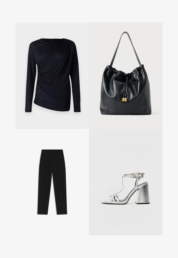 Black long-sleeve top made of lightweight fabric, featuring a draped design with gathered detailing on the left side.; Black trousers with a straight fit, featuring double pleats, a smooth texture, and a classic waistband design. No visible hardware or accents.; Silver heeled sandal with a block heel, featuring thin straps and an ankle buckle. The material has a metallic finish with a textured appearance.; Black leather drawstring bag with a smooth texture, gathered top, and subtle gold hardware. Features a single sturdy strap and embossed logo.