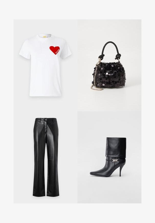 White cotton T-shirt featuring a red heart graphic with the word "FUTURE" inside, short sleeves, and a crew neck design.; Black leather pants with a straight leg design, featuring a front button closure, belt loops, and a smooth, polished texture.; Black leather ankle boot with a pointed toe, high stiletto heel, fold-over cuff, and a gold decorative buckle detail on the ankle.; Black sequin mini handbag with a knotted textured strap and silver chain. Rounded shape with gathered top and reflective detailing.