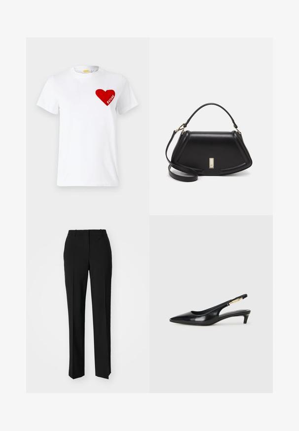 Witte katoenen T-shirt met een rode hartafbeelding met het woord "FUTURE" erin, korte mouwen en een ronde halsontwerp.; Zwarte op maat gemaakte broek met een recht model, voorzien van een soepele textuur en scherpe plooien aan de voorkant. Geen zichtbare hardware.; Zwarte leren slingback hakken met een spitse neus, voorzien van een slanke hak en een goudkleurige accent op de verstelbare band. Gladde textuur.; Zwarte leren handtas met een gestructureerd ontwerp, featuring een verkorte vorm, bovenhandvat en gouden hardwareaccent. Inclusief verstelbare schouderband.