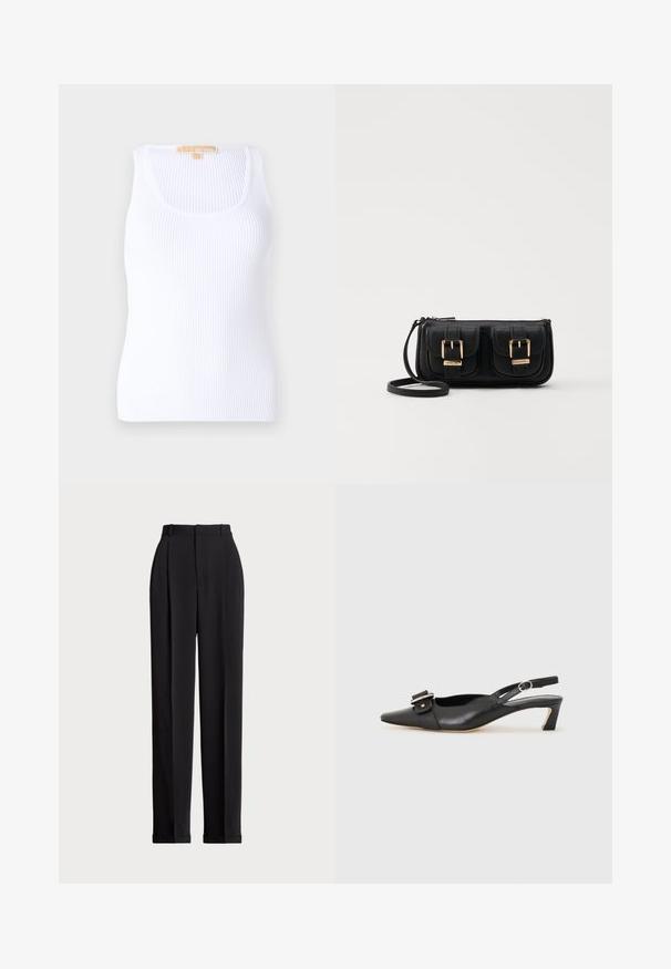 Bijela rebrasta majica bez rukava s izrezom u obliku splita, izrađena od mekog materijala. Dizajn uključuje облегнут oblik i suptilnu teksturu kroz cijelu tkaninu.; Crne krojene hlače s visokim strukom, s naborima sprijeda, ravnim krojem i običnim rubom. Izrađene od glatkog materijala.; Crne kožne sandale s remenčićem i šiljastim vrhom, malim potpeticama i dekorativnom kopčom na gornjem dijelu. Glatka tekstura, minimalistički dizajn.; Crna kožna torba preko ramena s dva prednja džepa, zlatnim kopčama, zatvaranjem na zip i uskim remenom. Teksturirana površina i kompaktan pravokutan oblik.