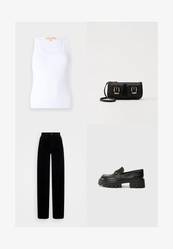 White ribbed tank top with a scoop neckline, made of soft material. The design features a fitted shape and subtle texture throughout the fabric.; Black corduroy pants with a high waist, wide leg design, and a single front button closure. Smooth texture with vertical ribbing.; Black leather loafers with a chunky sole, featuring a gold-tone accent on the front and a smooth finish. Chunky tread design on the sole.; Black leather crossbody bag with two front pockets, gold buckles, zipper closure, and a slim strap. Textured surface and compact rectangular shape.