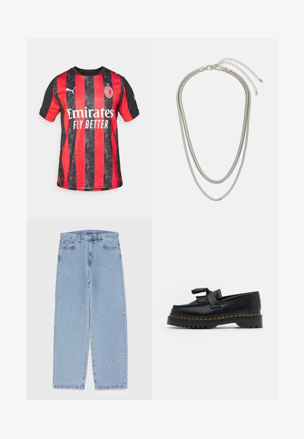 AC Milan kreklu ar sarkanām un melnām vertikālajām strīpām, ar teksturētu rakstu, apaļu kaklu un Puma logo labajā piedurknē.; Gai zila džinsu bikses ar taisnu kāju dizainu, kas piedāvā vidēju vidukļa augstumu, piecas kabatas un pogas un rāvējslēdzēja aizdari.; Melnas ādas mokasīni ar pērlītēm uzsvaru, ar masīvu melnu zoli un dzeltenu šuvumu gar malu. Ar teksturētu apdari.; Trīslīmeņu sudraba metāla kaklarota ar gludām, elastīgām ķēdēm, kas spīd, droši piestiprināta ar omā uzgali un regulējamu ķēdi.