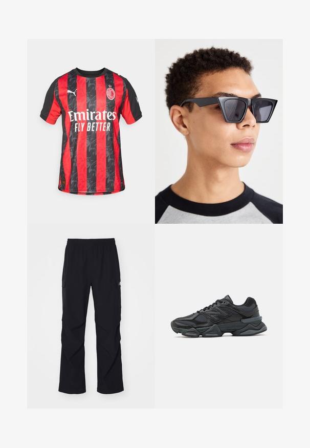Camisa del AC Milan con rayas verticales rojas y negras, con un patrón texturizado, cuello redondo y logo de Puma en la manga derecha.; Pantalones cargo negros de material ligero, con cintura elástica, bolsillos laterales y diseño de pierna recta.; Zapatilla de running negra que presenta una combinación de malla y materiales sintéticos, suela gruesa, diseño curvado y una marca prominente en el costado.; Gafas de sol negras angulares con lentes oscuros, que presentan un diseño geométrico audaz y un acabado mate. Llevadas por una persona con cabello corto.