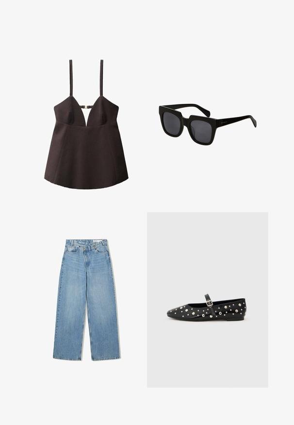 Black sleeveless top with a deep V neckline, made of structured fabric, featuring a central hardware clasp and a flared bottom.; Light blue wide-leg jeans made of denim, featuring a high waist, five pockets, button closure, and subtle fading for texture.; Black leather ballet flats with a pointed toe, adorned with silver studs and a side buckle strap. Textured surface with a flat sole.; Black rectangular sunglasses with thick plastic frames and dark lenses. The arms are sleek with a glossy finish and minimal branding.; Black leather woven tote bag with a slouchy shape and wide shoulder strap. Features a textured, interlaced design with a smooth finish.