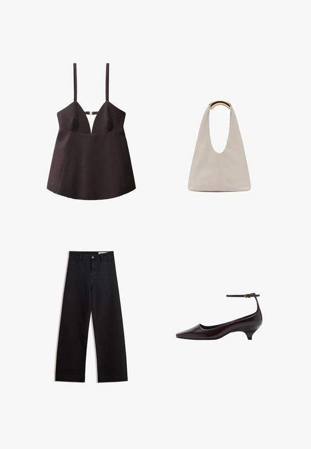 Zwarte mouwloze top met een diepe V-halslijn, gemaakt van gestructureerde stof, met een centrale hardware-sluiting en een uitlopend onderstuk.; Zwarte denim broek met wijde pijpen en een hoge taille, voorzien van voor- en achterzakken, gestikte naden en een knoopsluiting. Gladde textuur.; Donkerbruine leren kittenheel schoenen met een spitse neus, een dunne enkelband en een kleine gouden gesp.; Lichtgrijze leren tas met een U-vormig ontwerp en een gebogen metalen handvat. Glad oppervlak met minimale stiksels en geen zichtbare patronen.