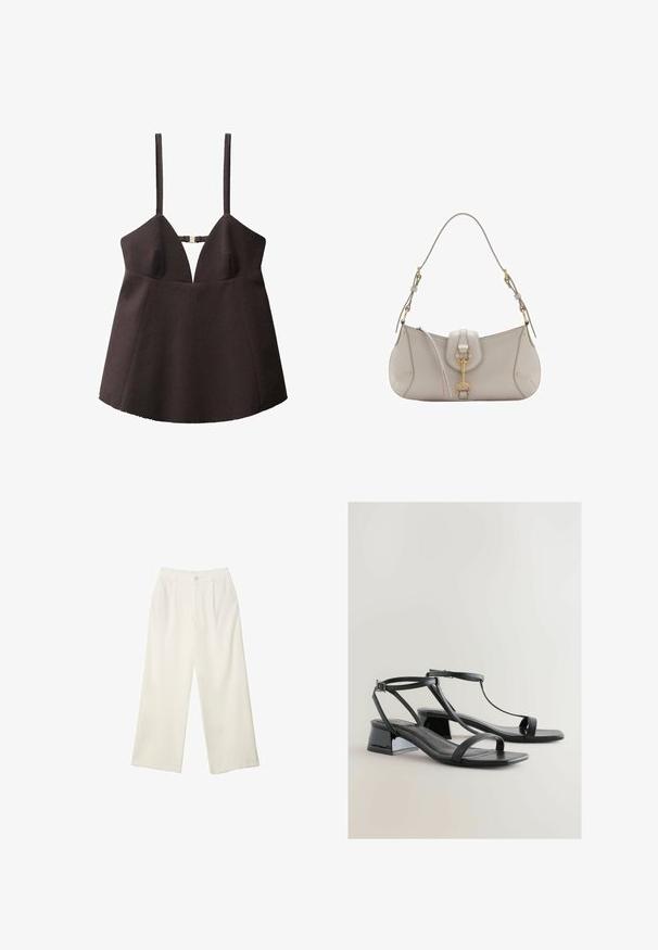 Sort ærmeløs top med dyb V-udskæring, lavet af struktureret stof, med en central hardware lås og en flagrende bund.; Bredde bukser i cremefarvet stof med en glat tekstur, der har en enkelt knap foran, diskrete folder og design med høj talje.; Sorte hælede sandaler med en glat patentfinish, slanke remme, T-bar-design og en lav blokhæl for stabilitet.; Lys grå lædertaske med en buet form, guldhardware, en lås foran og syede detaljer. Justerbar skulderrem inkluderet.