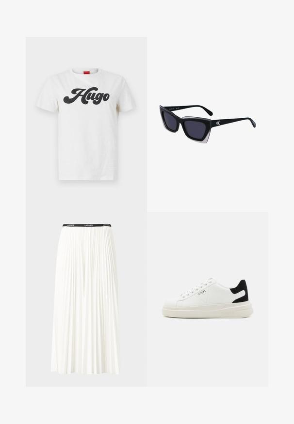 Biele bavlnené tričko s krátkymi rukávmi, na prednej strane s veľkým čiernym logom "Hugo". Klasický dizajn s okrúhlym výstrihom.; Plisovaná biela sukňa s čiernym elastickým pásom s logom "LACOSTE". Sukňa je stredne dlhá a má mäkkú textúru.; Biele kožené tenisky s hrubou bielou podrážkou, čiernym zamekom na päte a vyrazeným logom na boku. Šnurovací dizajn so šiestimi očkami.; Čierne oversized slnečné okuliare s geometrickým tvarom, s tmavými šošovkami a kontrastným šedým detailom na ráme. Logo na mostíku.