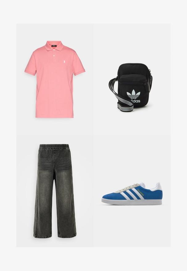 Růžová bavlněná polo tričko s límečkem, krátkými rukávy a dvěma knoflíky. Na levé části hrudi je bílé vyšívané logo. Hladký povrch.; Černé prané denimové kalhoty s elastickým pasem a širokými nohavicemi, s jemnými vertikálními švy na bocích.; adidas Originals ADIDAS GAZELLE SHOES - Sálové kopačky - real madrid/bluebird/footwear white/crew yellow; Černá crossbody taška z látky se zipovým uzávěrem, obsahující bílé logo Adidas a pruhovaný nastavitelný popruh pro snadné nošení.