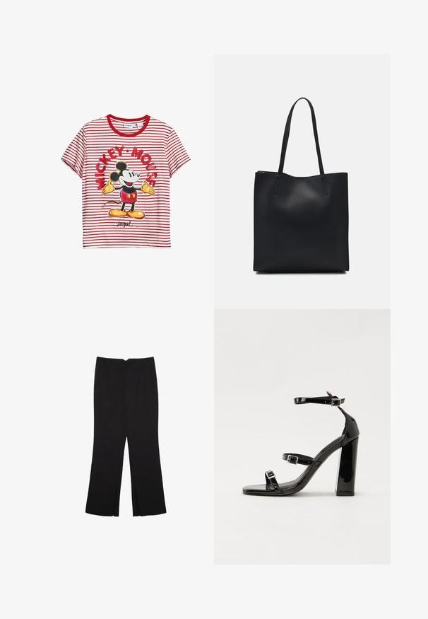 Červeno-biela pruhovaná tričko vyrobené z bavlny, s grafikou Mickeyho Mousa s žltými rukavicami, čiernymi ušami a podpisom.; Čierne nohavice so strihom rovného strihu, s prednými vreckami a bočnými rozparkami na leme. Vyrobené z mäkkej, hladkej tkaniny. Vhodné na rôzne príležitosti.; Čierne lakované sandále na podpätku so štvorcovou špičkou, navlečenými remienkami okolo členku a striebornými prackami. Disponujú masívnym blokovým podpätkom pre stabilitu.; Čierna kožená taška na rameno s hladkým povrchom, obdĺžnikovým tvarom a dvoma dlhými uchami. Bez viditeľného kovania alebo ozdôb.