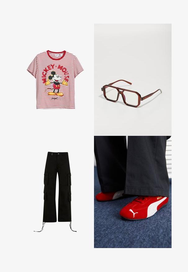 Czerwono-biała koszulka w paski wykonana z bawełny, z grafiką Myszki Mickey w żółtych rękawiczkach, czarnych uszach i podpisem.; Czarne spodnie cargo w luźnym kroju, z kieszeniami cargo po bokach, zaciąganymi dołami oraz zapięciem na guzik w talii.; Czerwone zamszowe sneakersy z białymi akcentami, z teksturowanym materiałem, okrągłym noskiem i złotym logo z boku, noszone z czarnymi spodniami.; Brązowe, przezroczyste, oversized okulary z prostokątnymi soczewkami i smukłymi ramionami. Kąty lekko zaokrąglone, z widocznymi akcentami w postaci elementów metalowych.