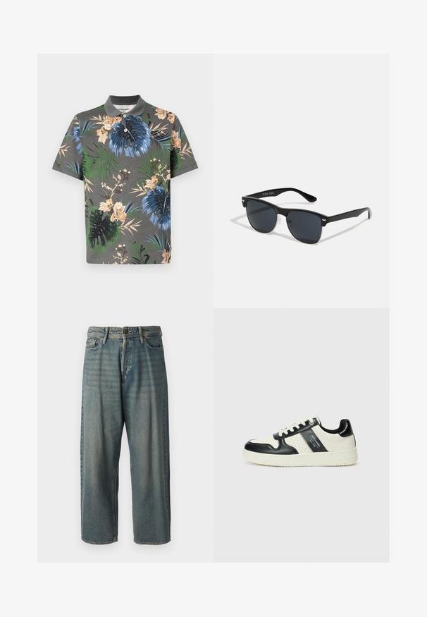 Kortermet polo skjorte i grå med livlige blomster- og bladmønstre i blå, grønn og beige. Har en kontrastfarget krage og knappestolpe.; Lyseblå denimjeans med løs passform, midjehøyde og rette ben. Har fem lommer, beltehemper og knappelukking.; Lædersneakers med sort og creme farveskema, der har perforerede detaljer, en polstret krave og en struktureret ydersål.; Sorte solbriller med rektangulær form, mørke linser, sølvfargede detaljer ved templene, og en matt finish på rammen.