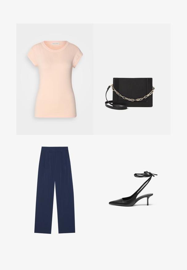 T-shirt de algodão rosa claro com mangas curtas, decote redondo e forma ajustada. Textura suave, sem padrões ou adornos visíveis.; Calças largas azul-marinho feitas de um tecido suave, com plissados frontais, uma textura lisa e um corte recto sem bolsos visíveis.; Shoe stileto de couro preto com bico fino, parte traseira aberta e tiras de tornozelo atadas em um laço. Salto fino de 7,5 cm. Textura suave, design minimalista.; Bolsa crossbody de couro preto com uma textura suave, forma retangular e um detalhe em corrente metálica na frente. Inclui uma alça ajustável.
