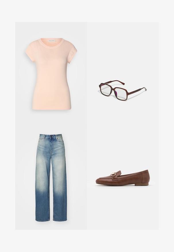 Világos rózsaszín pamut póló rövid ujjal, kerek nyakkivágással és testhezálló fazonnal. Simább textúrájú, nincs látható minta vagy díszítés.; Világoskék, magas derekú, bőszárú farmernadrág, fades anyagból, elhalványult gradienssel, öt zsebbel és fém kiegészítőkkel.; Barna bőr loaferek lapos talppal, varrott dizájnnal és egy arany színű csattal a vádlin átnyúló pánton.; Barna, téglalap alakú szemüveg áttetsző lencsékkel és lila árnyalattal. Simító műanyag keret, egyenes szárakkal és diszkrét díszítésekkel.