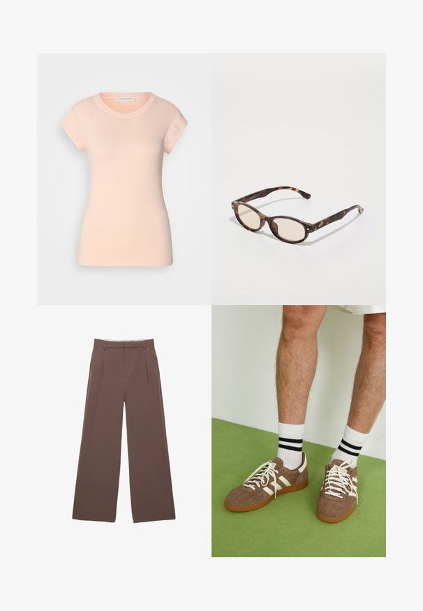 Ljusrosa bomullströja med korta ärmar, rund halsringning och figursydd passform. Slät yta, inga synliga mönster eller utsmyckningar.; Vida byxor i enfärgad brun tyg, med en slät textur, främre veck och en skräddarsydd midja. Inga synliga logotyper eller mönster.; Bruna mockaskor med vita detaljer och snören. Gummisula i beige. Bärs med vita strumpor med svarta ränder. Grön strukturerad golvyta.; Sköldpaddsmönstrade solglasögon med rund form och ljusa linser. Har robusta bågar med små gulddetaljer, tillverkade av plastmaterial.