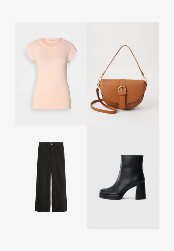 Light pink cotton T-shirt with short sleeves, a round neckline, and a fitted shape. Smooth texture, no visible patterns or embellishments.; Wide-leg black denim jeans with a high waist. Features five pockets, metal hardware, and a clean finish. The texture is smooth and soft.; Black leather ankle boot with a block heel and platform sole, viewed from the side on a plain white background.; Brown leather crossbody bag with a curved shape, gold hardware, and a buckle accent. Features a detachable shoulder strap.