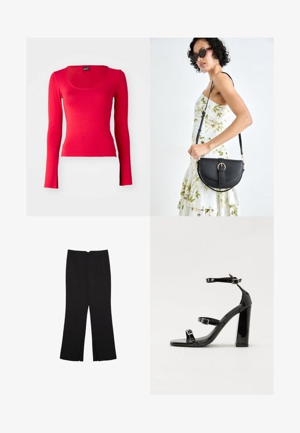 Top rosso a maniche lunghe con scollo a cuore, realizzato in tessuto morbido ed elasticizzato. Presenta un design aderente e una texture liscia. Nessun motivo o accento visibile.; Pantaloni neri a gamba dritta, con tasche frontali e spacchi laterali all'orlo. Realizzati in tessuto morbido e liscio. Adatti a diverse occasioni.; Sandali con tacco in vernice nera, con punta squadrata, cinturini alla caviglia e fibbie in argento. Presentano un tacco a blocco spesso per maggiore stabilità.; Borsa a tracolla nera in pelle con una forma curva, manico rimovibile e accessori dorati. La borsa presenta una patta con un dettaglio a fibbia.