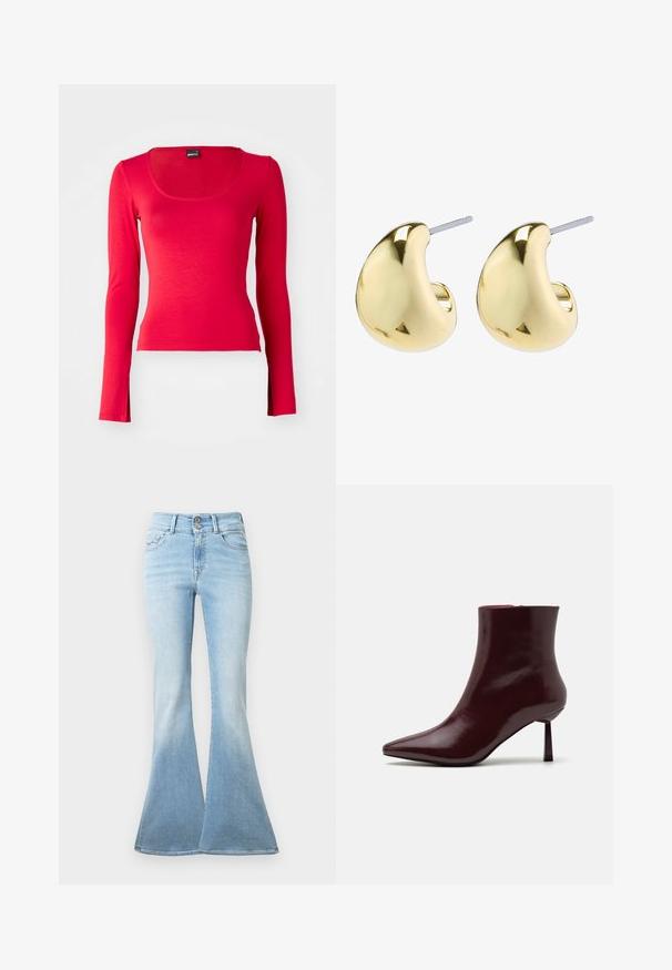 Rdeča majica z dolgimi rokavi in krojnim izrezom, izdelana iz mehkega, raztegljivega materiala. Ima prilegan kroj in gladko teksturo. Brez vidnih vzorcev ali detajlov.; Svetlo modri razširjeni kavbojki iz denima. Imajo visok pas z dvema gumboma in rahlim zbledeljem proti robu. Klasična zasnova s petimi žepi.; Burgundska patentna kožna gležnjarja s koničastim nosom in ozko špicasto peto, s gladko, sijočo teksturo in minimalističnim dizajnom.; Zlate uhane z gladko, zaobljeno obliko, ki imajo odsevnico in zatič, kar zagotavlja varno nošenje.