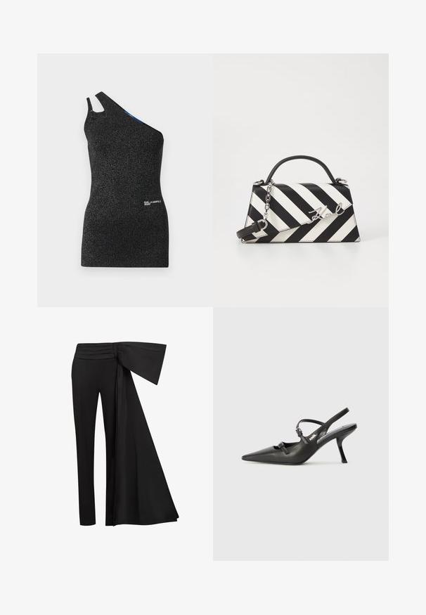 Μαύρη τοπ έναν ώμο από υφασμάτινη δομή με μεταλλικές ίνες. Διαθέτει άνοιγμα στον ώμο και λεπτομέρεια λογοτύπου στο τελείωμα.; Μαύρο παντελόνι με φαρδύ, κρεμαστό διακοσμητικό στοιχείο στη μέση. Λείο ύφασμα, ίσια κοπή ποδιών και πλισέ μέση.; Μαύρες δερμάτινες γόβες slingback με μυτερή μύτη, λεπτό τακούνι και διακοσμητική αγκράφα στο επάνω μέρος. Λείος υφής και κομψός σχεδιασμός.; Μαύρη και λευκή ριγέ τσάντα χειρός με δομημένο σχήμα, που διαθέτει επάνω λαβή, αποσπώμενη αλυσίδα και μεταλλικό λογότυπο.