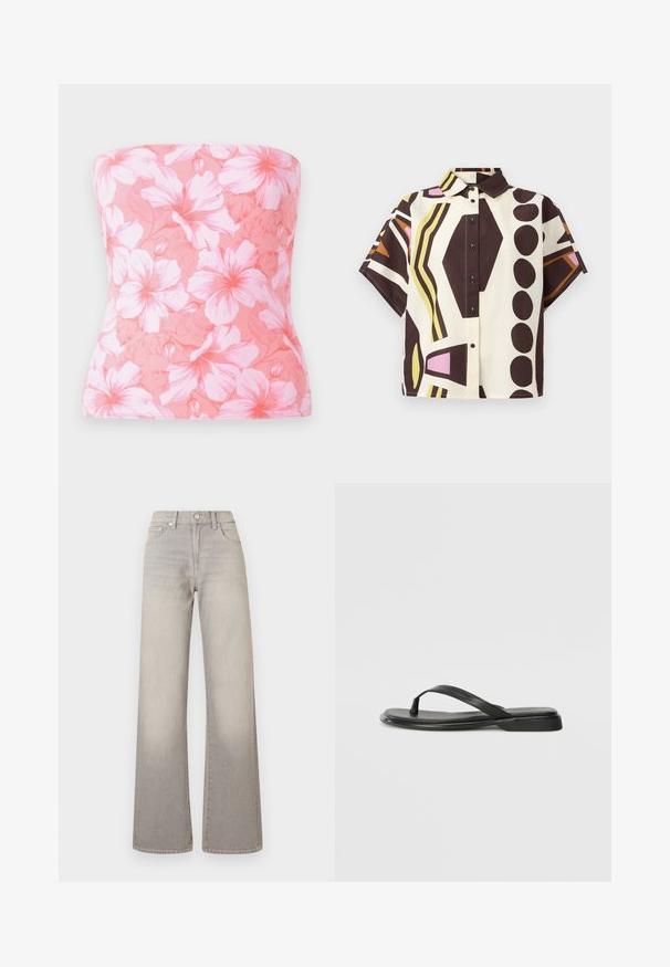 Hollister Co. BARE FOLDOVER REVERSIBILE TUBE - Top - pink; Short-sleeve, collared shirt made of cotton, featuring a geometric pattern in brown, cream, pink, and green with black buttons.; Gray wide-leg jeans with a faded finish, button closure, five-pocket design, and stitched detailing along the seams.; Black flip-flop made of smooth leather, featuring a thin strap design and a flat sole with a minimal profile. No notable patterns or accents.