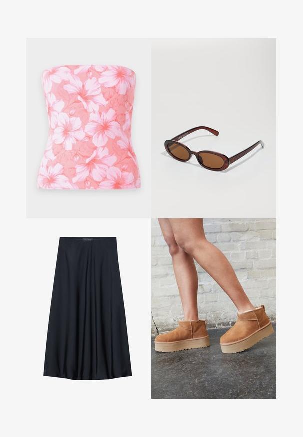 Hollister Co. BARE FOLDOVER REVERSIBILE TUBE - Top - pink; Črna krila do kolen, izdelana iz lahkotnega blaga s sproščenim dizajnom. Ima gladko teksturo in subtilne gube za dodatne podrobnosti.; Rjavi semiš škornji do gležnjev s puhastim podlogo, debelim bež platformnim podplatom in zanko na zadnji strani. Teksturirana površina z vidnimi šivi.; Okrogle, rjavo obarvane sončne naočare z sijočim burgundskim okvirjem. Tanek nosilec s subtilnim logotipom. Oblika leč je ravna.; Rjava sintetična usnjena torbica s ukrivljeno obliko, zadrgo in dekorativnimi srebrnimi žebljički ob eni strani. Ima kratko naramnico.