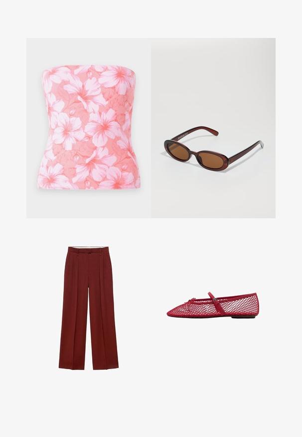 Hollister Co. BARE FOLDOVER REVERSIBILE TUBE - Top - pink; Wide-leg trousers in a deep red hue, featuring a high waist, pleats at the front, and a smooth, textured fabric.; Red mesh ballet flats with a pointed toe, featuring a thin strap and buckle detail. The upper has an open, honeycomb pattern.; Round, brown-tinted sunglasses with a glossy burgundy frame. Slim arms with subtle branding detail. Flat lens design.