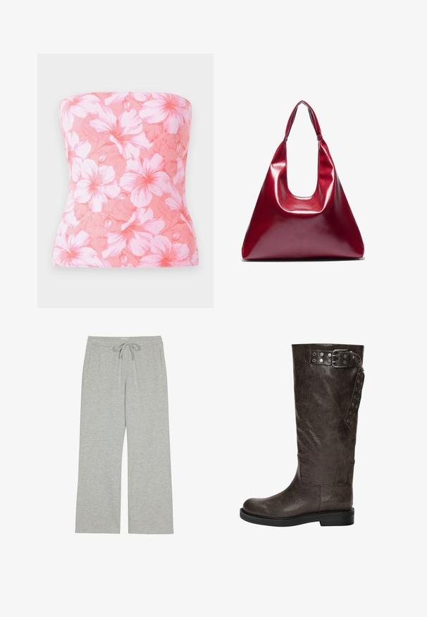 Hollister Co. BARE FOLDOVER REVERSIBILE TUBE - Linne - pink; Ljusgrå mjukisbyxor gjorda av mjukt, texturerat tyg med dragningsmidja och sidofickor; bred, avslappnad passform.; Bruna läderstövlar i knähöjd med en texturerad yta, som har en spänne och tryckknappsdetaljer på sidan, samt en platt gummisula.; Röd glansig läderhandväska med triangulär form, bred öppning upptill och ett enda krökt handtag. Slät textur med minimala sömnadsdetaljer.