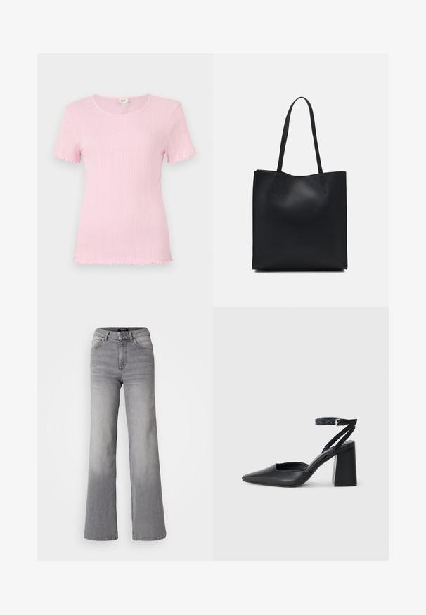 Roosa lühikeste varrukatega särk, millel on ribateraline tekstuur, ümmargune kaelus ning pitsilised varruka ja ääre servad. Brändi silt on nähtav kaeluses.; Kõrge vöökoht, sirged hallid teksad, millel on ees nupp ja lukku, ees ja taga taskud ning hägune varjund reitel ja sääremarjadel.; Mustmustest must-käigukingad, millel on konksuga nöör ja paks konts. Ühtlane tekstuur, stiilne disain ja minimalistlik esteetika.; Mustast nahast kott sujuva tekstuuriga, ristkülikukujuline ja kahe pika sangaga. Pole nähtavat riistvara ega kaunistusi.