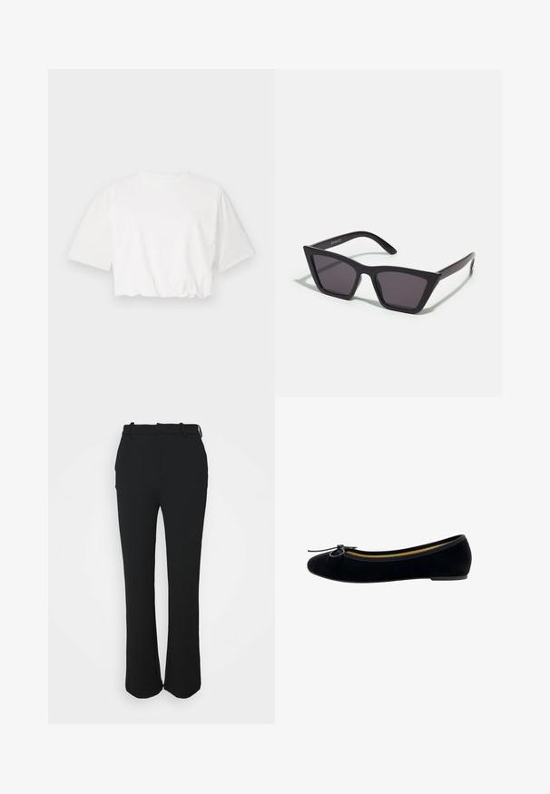 Weißes, kürzer geschnittenes T-Shirt mit kurzen Puffärmeln, rundem Ausschnitt und gerafftem unteren Saum, aus weichem Baumwollstoff gefertigt.; Schwarze, maßgeschneiderte Hose mit glatter Oberfläche, geradem Bein-Design und einem Bund. Verfügt über subtile Nähte und keine Taschen.; Schwarze Samt-Ballerinas mit runder Zehenpartie, einer kleinen Schleifenapplikation auf der Vorderseite und einem kontrastierenden gelben Innenfutter.; Schwarze, eckige Sonnenbrille mit grauen Gläsern; aus Kunststoff gefertigt, mit dicken Bügeln, die eine glatte Oberfläche und keine sichtbaren Beschläge haben.