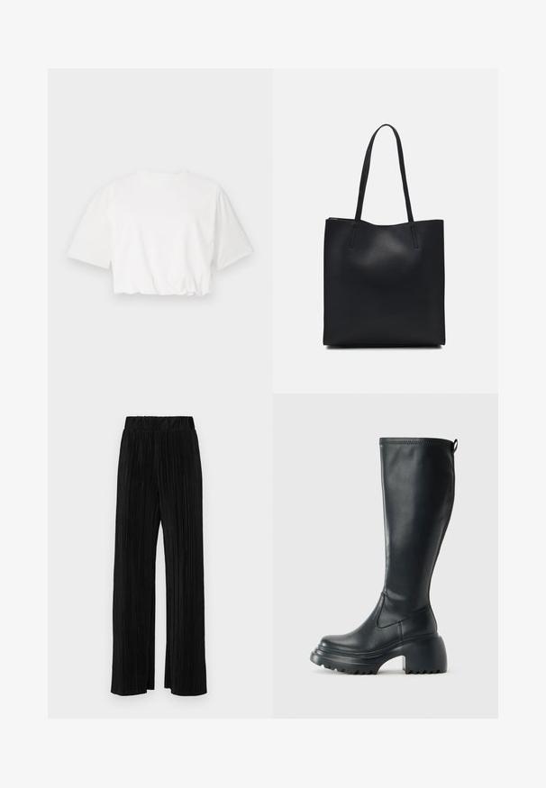 Fehér, rövid puff ujjú, környakú, és ráncolt alsó szélű, rövid fazonú póló, puha pamut anyagból.; Fekete pliszírozott nadrág gumis derekkal. Széles lábakkal rendelkezik, sima, texturált anyagból készült, függőleges csíkokkal.; Magas fekete bőrcipő, vastag platform talppal és blokk sarokkal, húzófüllel és texturált profillal az outsole-on.; Fekete bőrtáska sima felszínnel, téglalap alakú, két hosszú füllel. Nincs látható fémkiegészítő vagy díszítés.