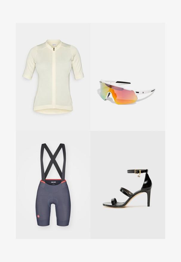 Kerge kollane jalgrattasärk lühikeste varrukatega, on saledat lõiget, täispikk varrukas, tagasihoidliku tekstuuriga kangas ning ümmargune kaelus. Brändi nimi ees.; Meeste jalgrattasõidu bibtükkide lühikesed püksid tumesinisest kangast punaste detailidega, millel on sujuv chamois aluspesu ja risttaguse suspenderi disain.; Must musta nahk sandaal kolme rihmaga, pahkluu vööga ja 4-tollise stilettakontsaga. Omab kuldset detaili ja logovõtit.; Sweet Protection SHINOBI UNISEX - Päikeseprillid - rig topaz/satin white