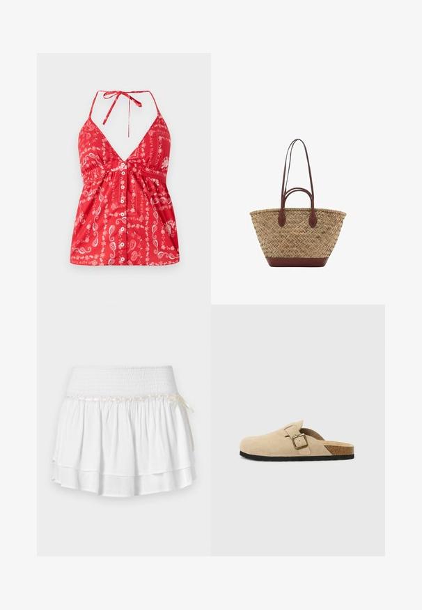 Top roșu fără mâneci, cu decolteu adânc în V, model paisley și închidere cu nasturi în față. Include bretele ajustabile și detalii cu talie strânsă.; Fustă albă în straturi cu talie elastică, având un detaliu texturat de smocking și un accent decorativ cu panglică. Material din bumbac.; Saboti din suede bej, cu talpă din plută, vârf rotunjit și o curea simplă cu cataramă aurie. Talpă din cauciuc pentru aderență.; Geantă din iarbă împletită, cu textură împletită, mânere și bază din piele maro închis, formă circulară largă și design cu vârf deschis.