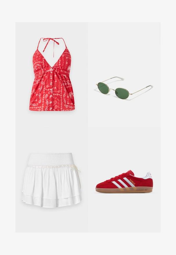 Red sleeveless top with a deep V-neck, paisley pattern, and front button closure. Features adjustable straps and gathered waist detailing.; White tiered skirt with an elastic waistband, featuring a textured smocking detail and a decorative ribbon accent. Cotton fabric.; Red suede sneaker with white three-stripe design and gold "Gazelle" text. Features a rubber gum sole and textured heel.; Gold-framed sunglasses with green oval lenses and thin metal arms. Features clear plastic tips on the arms for comfort.