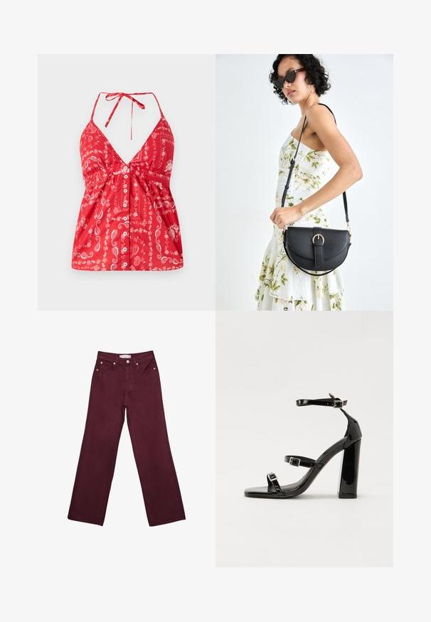 Czerwona bezrękawnikowa bluzka z głębokim dekoltem w kształcie litery V, wzór paisley i zapięcie na guziki z przodu. Posiada regulowane ramiączka oraz marszczenie w talii.; Bordowe jeansy z wysokim stanem i prostymi nogawkami, z przednimi kieszeniami, zapięciem na guzik oraz mosiężnymi akcentami.; Czarne lakierowane sandały na obcasie z kwadratowym noskiem, z paskami wokół kostki i srebrnymi klamrami. Posiadają masywny słupek dla stabilności.; Czarna skórzana torebka o zakrzywionym kształcie, z odpinanym paskiem i złotymi akcentami. Torebka posiada klapę z zapięciem w kształcie klamry.