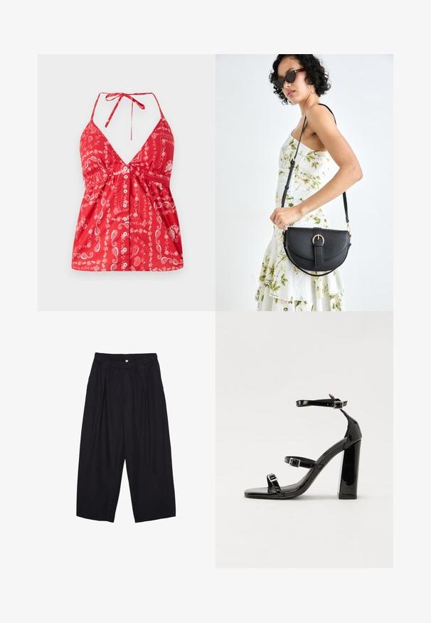 Rotes ärmelloses Oberteil mit tiefem V-Ausschnitt, Paisleymuster und Knopfverschluss vorne. Verfügt über verstellbare Träger und eine geraffte Taillendetails.; Schwarze Polyester-Culotte mit einem elastischen Bund, zwei vorderen Falten und einer lockeren Silhouette. Keine sichtbaren Muster oder Hardware-Details.; Schwarze patentierte Sandalen mit Absatz, quadratischer Spitze, Knöchelriemen und silbernen Schnallen. Mit einem stabilen Blockabsatz für mehr Stabilität.; Schwarze Lederhandtasche mit geschwungener Form, abnehmbarem Tragegurt und goldenen Beschlägen. Die Tasche verfügt über einen Deckel mit einer Schnallen-Details.