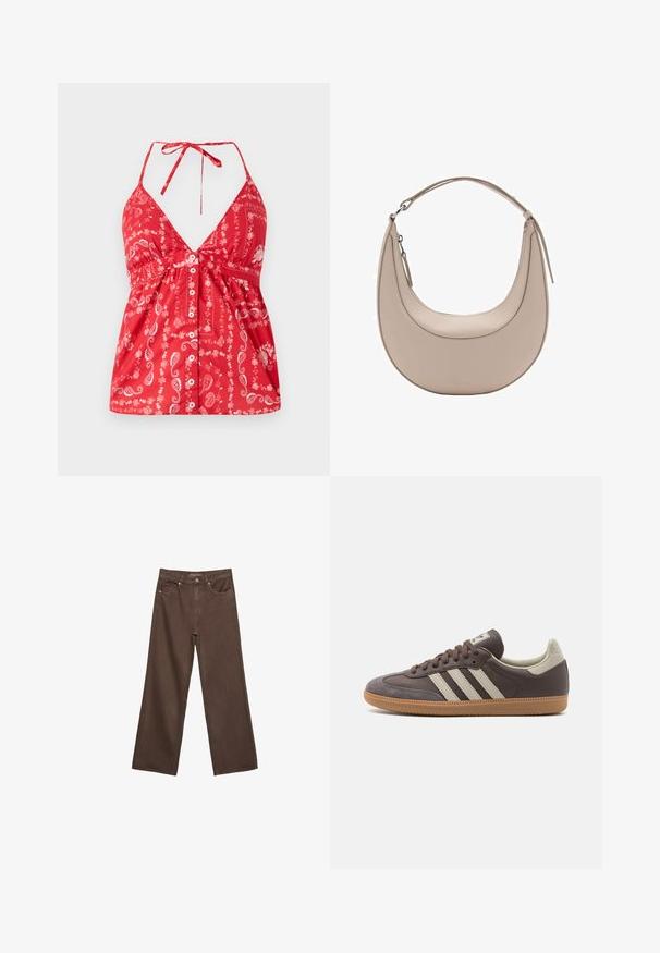 Haut sans manches rouge avec un décolleté en V profond, motif paisley et fermeture par boutons à l'avant. Il possède des bretelles réglables et des détails de taille froncée.; Jean brown à jambes larges en denim, doté d'une taille haute, de poches avant et d'une fermeture à bouton classique. Texture lisse avec des coutures subtiles.; Baskets en cuir marron avec trois bandes de couleur claire, semelle en gomme, bout arrondi et accents en daim texturé sur le talon et le bout.; Sac à épaule en cuir beige de forme croissante, texture lisse, avec une seule poignée courbée. Il possède une fermeture zippée et des coutures soignées.