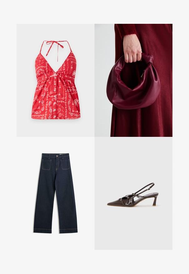 Czerwona bezrękawnikowa bluzka z głębokim dekoltem w kształcie litery V, wzór paisley i zapięcie na guziki z przodu. Posiada regulowane ramiączka oraz marszczenie w talii.; Granatowe, szerokie dżinsy wykonane z denimu, z kontrastującym, jasnobrązowym przeszyciem, dwiema tylnymi kieszeniami i zapięciem na guzik w talii.; Brązowe lakierowane skórzane czółenka na odkrytej pięcie z ostrym noskiem, regulowanymi paskami i dekoracyjnymi klamrami z przodu. Wysokość obcasa 3 cale.; Bordowa skórzana torebka o miękkim, marszczonym wyglądzie i zaokrąglonym kształcie. Uchwyt jest zabezpieczony, co podkreśla gładką fakturę.