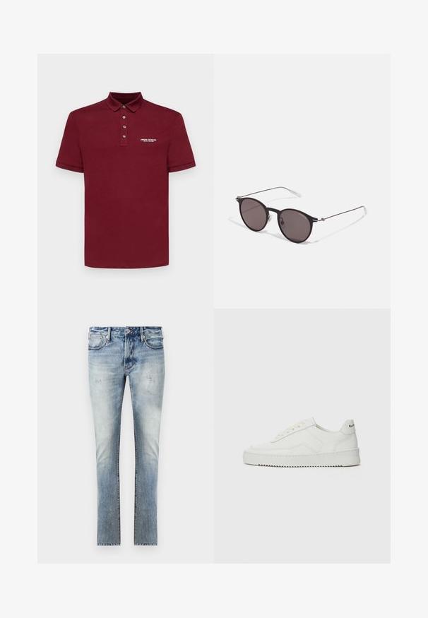 Armani Exchange Polokošeľa - cabernet; Svetlomodré denimové nohavice s vyblednutým povrchom, úzky strih, päť vreciek a kontrastné prešitie na švoch.; Biele kožené tenisky s hladkým povrchom, okrúly špičkový dizajn, ploché šnúrky a textúrovaná podrážka. Obsahujú jemné logo na päte.; Čierne okrúhle slnečné okuliare s tmavými sklami a tenkými kovovými ramenami. Obsahujú priehľadné konce rámov a strieborné akcenty na pántoch. Minimalistický dizajn.