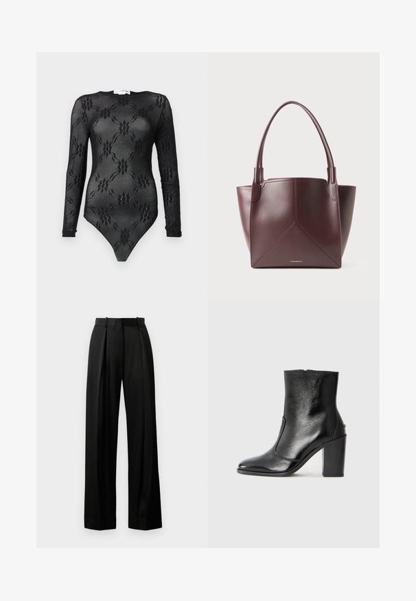 Mustahdin musta pitkähihainen bodysuit, joka on valmistettu läpinäkyvästä kankaasta, jossa on kukkakirjailu, pyöreä pääntie ja thong-leikkaus alaosassa.; Mustat leveälahkeiset housut, jotka on valmistettu kevyestä kankaasta ja joissa on muotoiltu istuvuus. Housuissa on etupleimut ja litteä vyötärö, jossa on lenkit.; Mustat nahka ankle bootit, joissa on sileä pinta, terävä kärki ja paksu korkea korko. Sivusaumassa on avaus ja muuten yksinkertainen muotoilu.; Musta ruskea nahkainen olkalaukku, jossa on kaksi kahvaa ja geometrinen paneelipisto, sisältäen pienen kultaisen bränditekstin lähellä alaosaa.