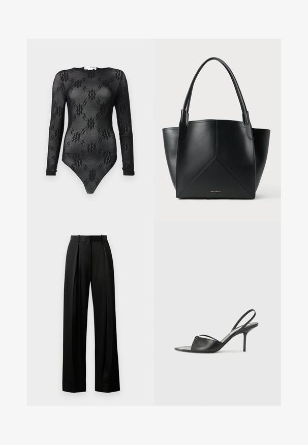 Fekete, hosszú ujjú bodysuit, áttetsző anyagból készült, virágos csipke mintával, kerek nyakkivágással és alsó tanga vágással.; Fekete, széles lábú nadrág könnyű anyagból, testhezálló fazonnal, elülső redőkkel és lapos derékpánttal, amelyen övhurkok találhatóak.; Fekete bőr, hátsó pántos, hegyes orrú magassarkú cipők vékony bokapánttal és stiletto sarkukkal. Az orrban csomózott részlet található.; Fekete bőr totes táska geometrikus mintával, két füllel és aranyszínű logóval az elején. Simább textúra és strukturált forma.